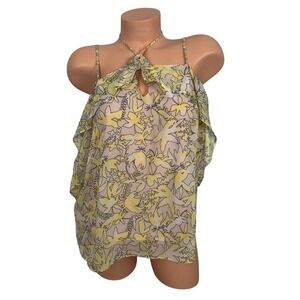 Cato Floral Cold Shoulder Ruffle Blouse Keyhole Halter Top Size XL Yellow Pastel